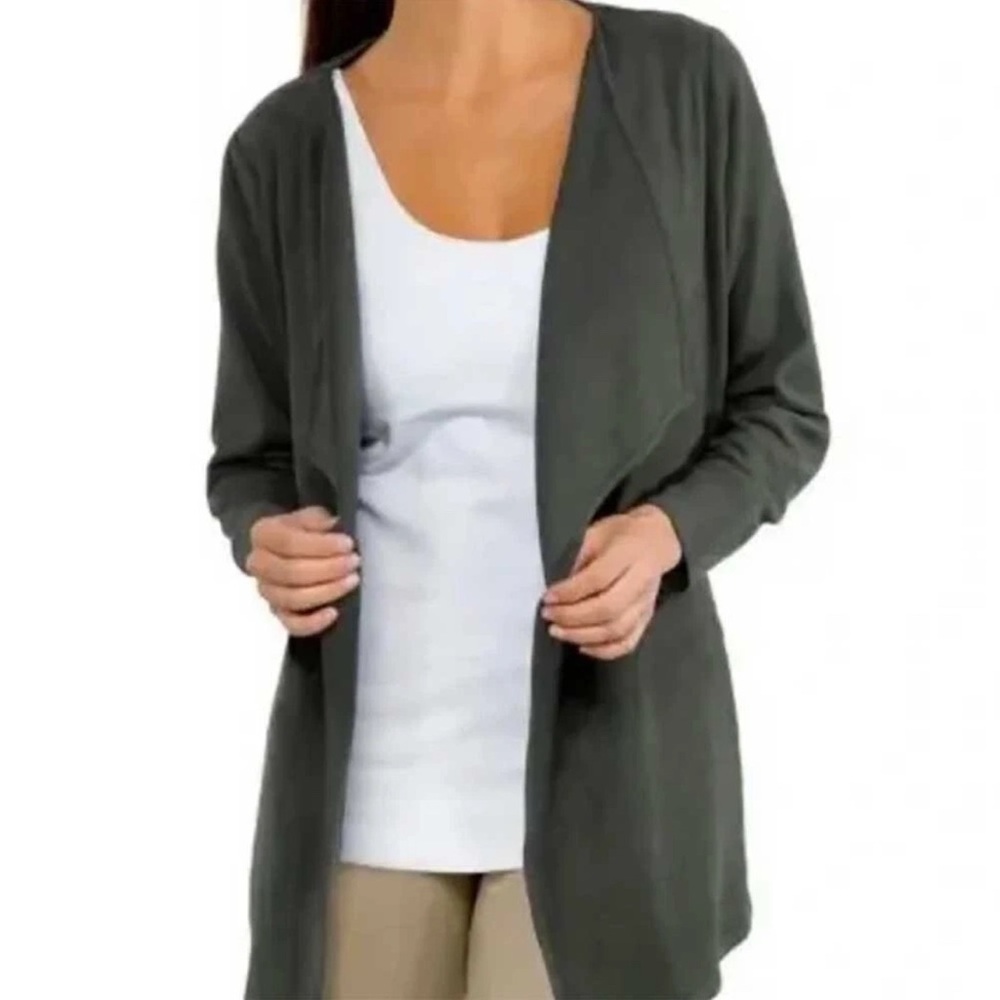 Gretchen Scott Designs Faux Suede Olive Green Waterfall Cardigan Jacket Blazer